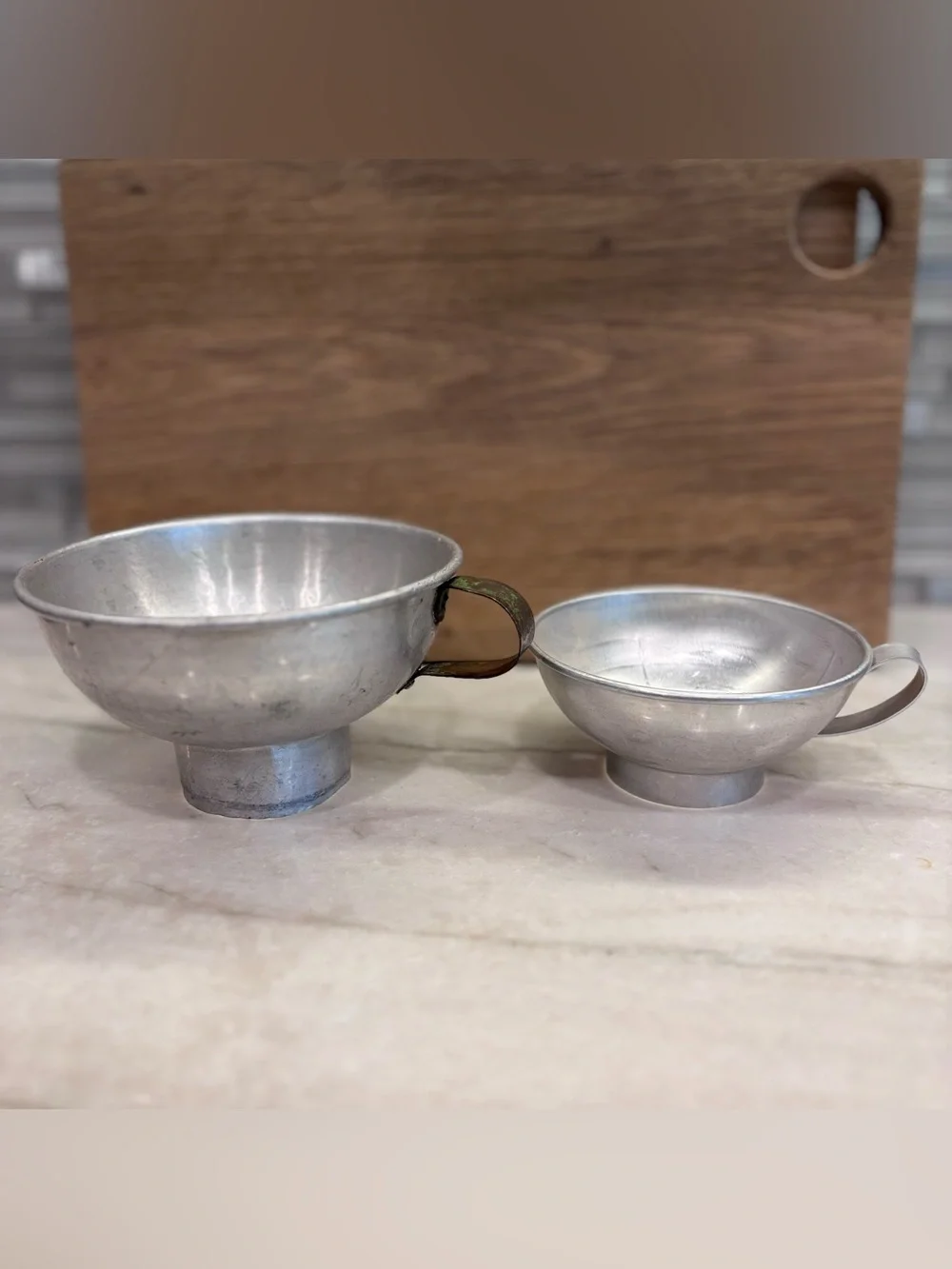 Lot Of 2 Vintage Aluminum Canning Jar Funnels Kitchen Utensil Handles Grannycore
